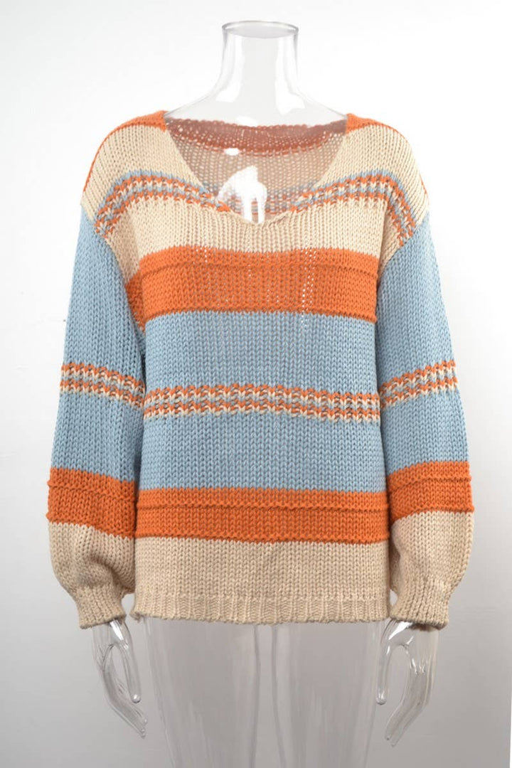 NINEXIS V-Neck Long Sleeve Multi-Color Pullover Sweater