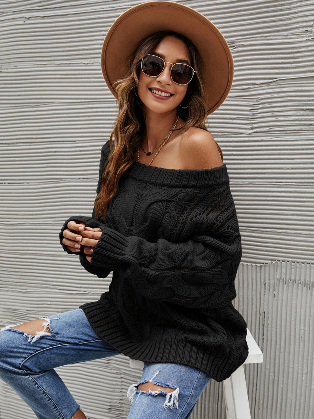 Cable Knit Openwork Off-Shoulder Sweater