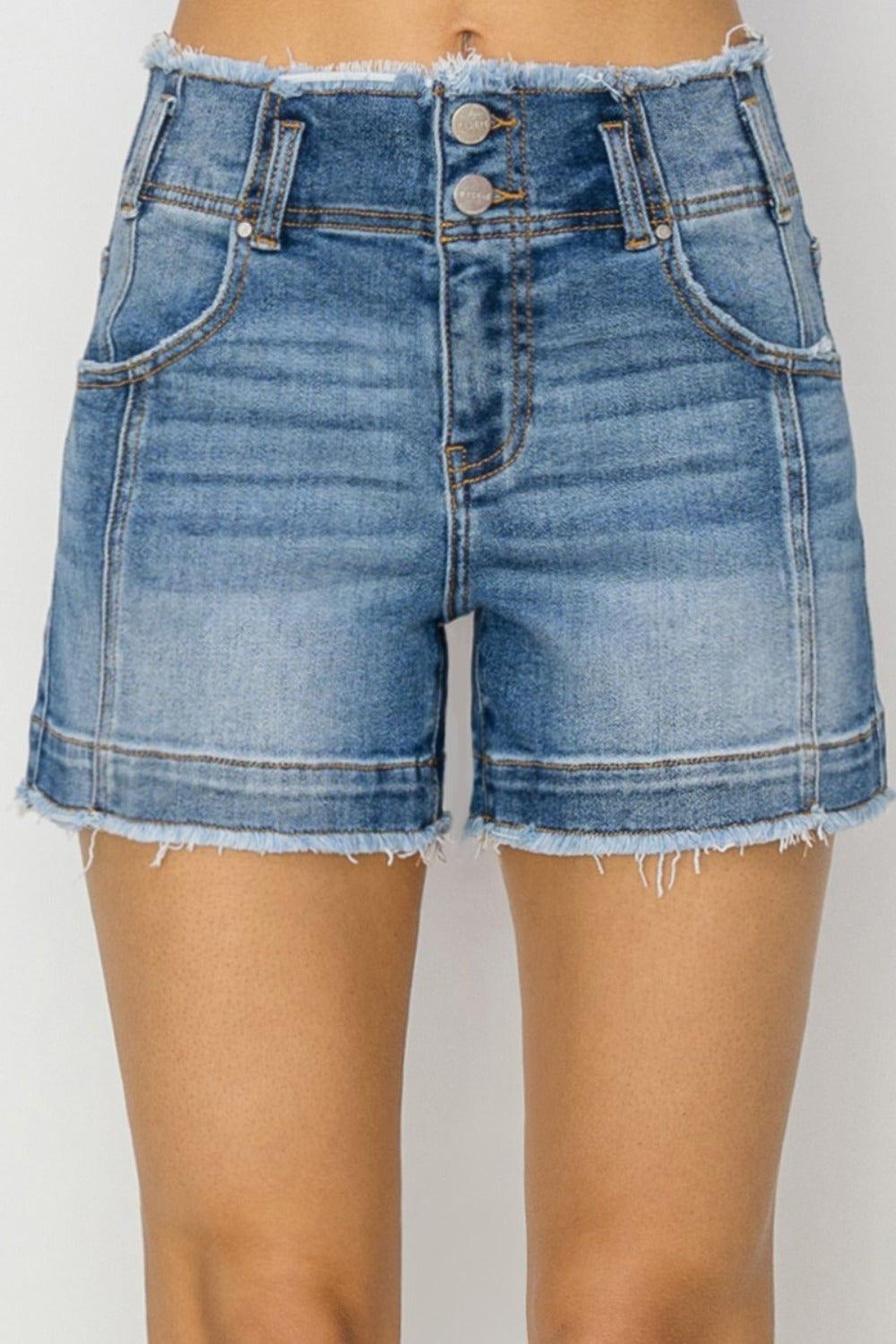 RISEN High Rise Seam Detailed Raw Edge Denim Shorts