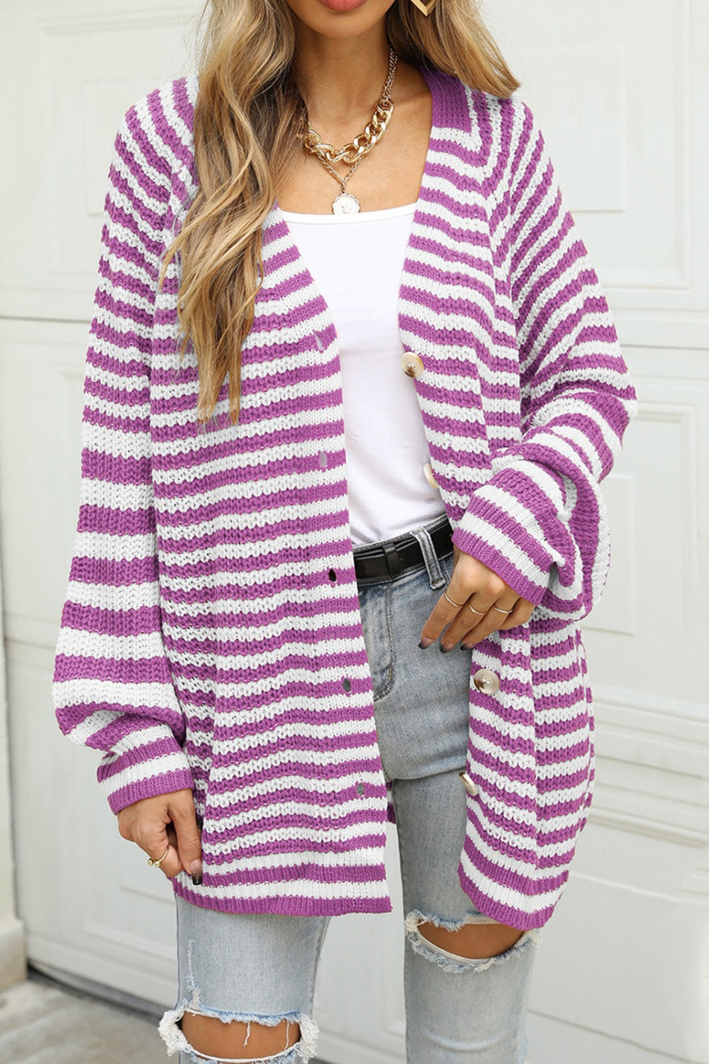 Angel Wings Striped Button Up Long Sleeve Cardigan