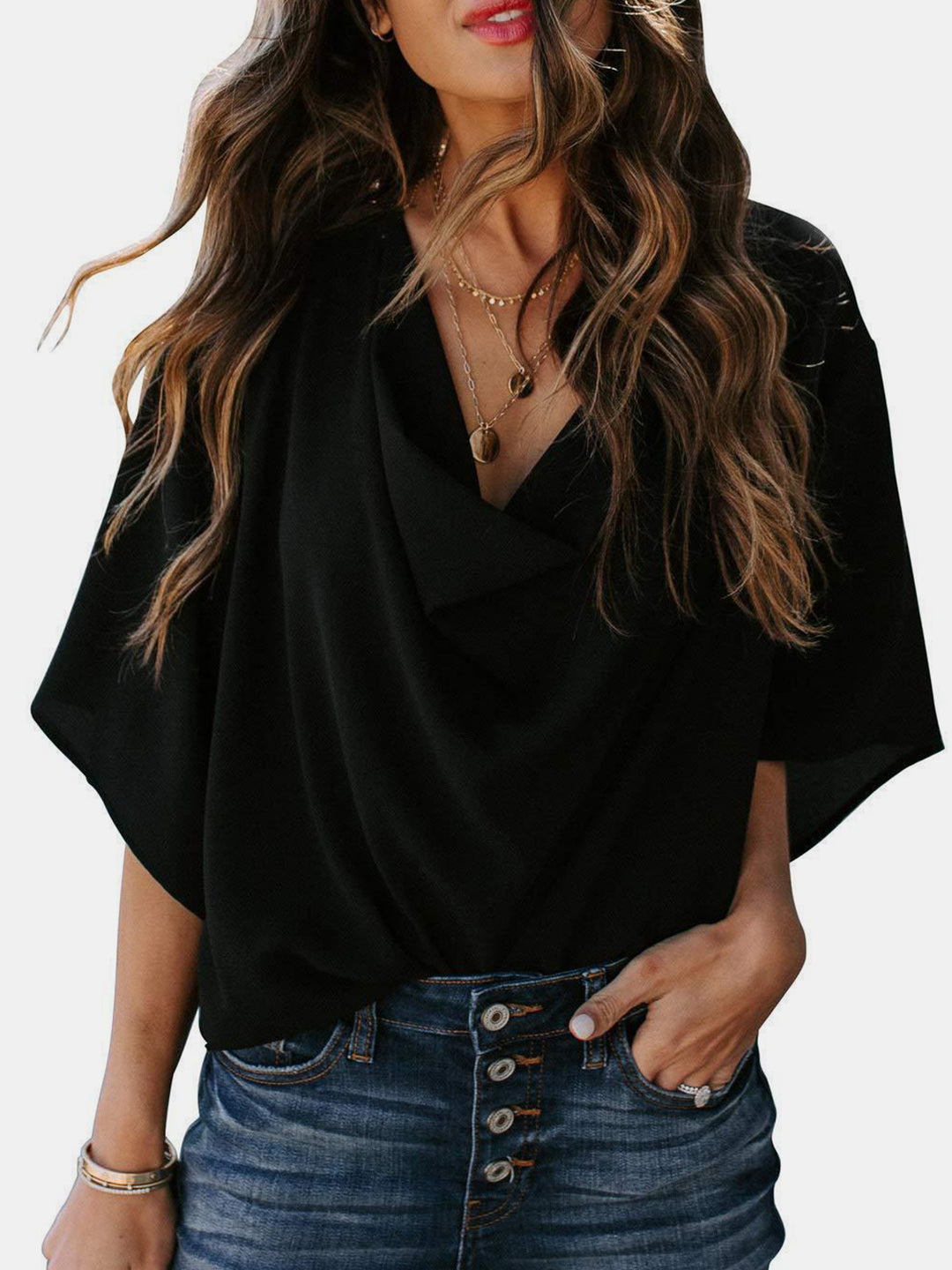 Cowl Neck Three-Quarter Sleeve Blouse