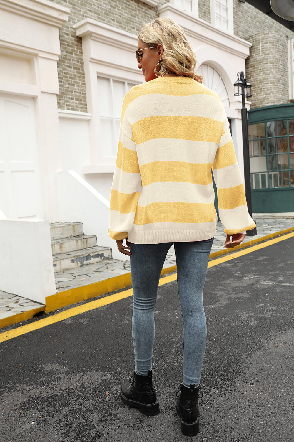 Angel Wings Striped Balloon Sleeve Knit Pullover