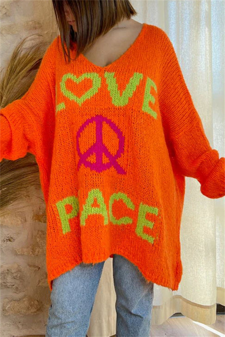 Peace Graphic V-Neck Long Sleeve Sweater