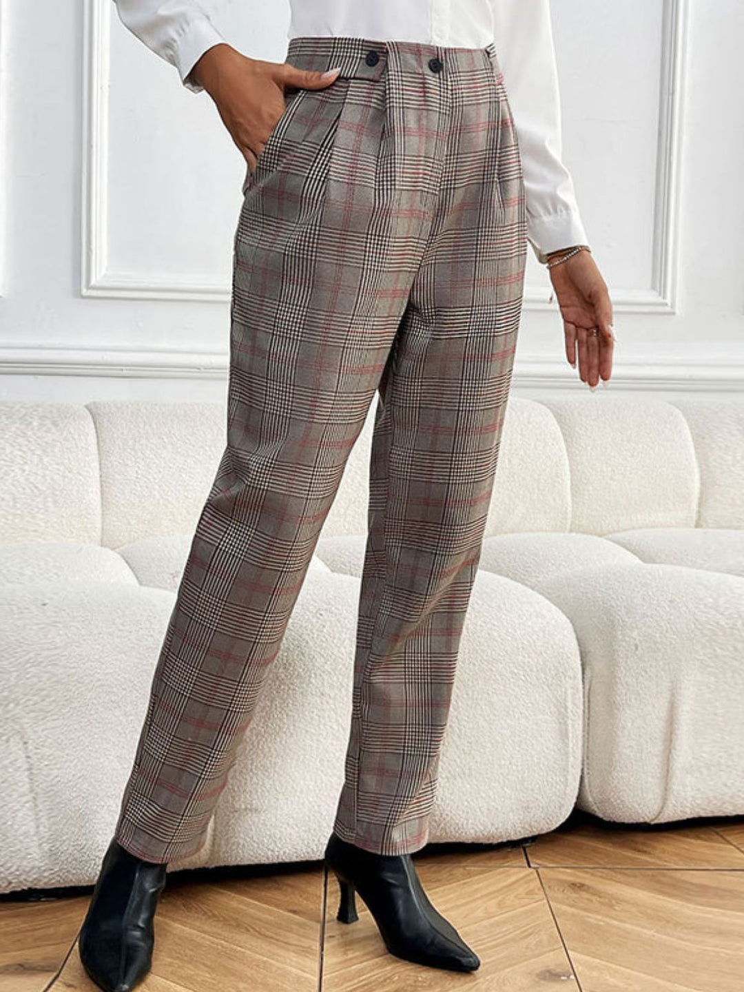 Perfect Plaid Straight Pants with Pockets