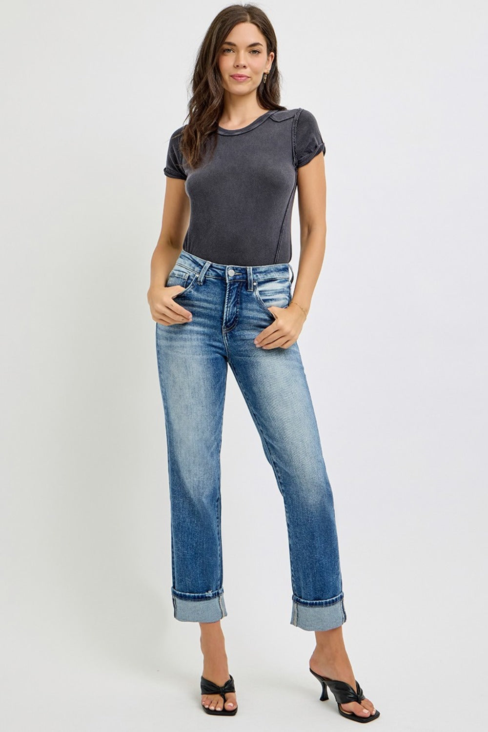 RISEN High Rise Crop Straight Roll Up Jeans