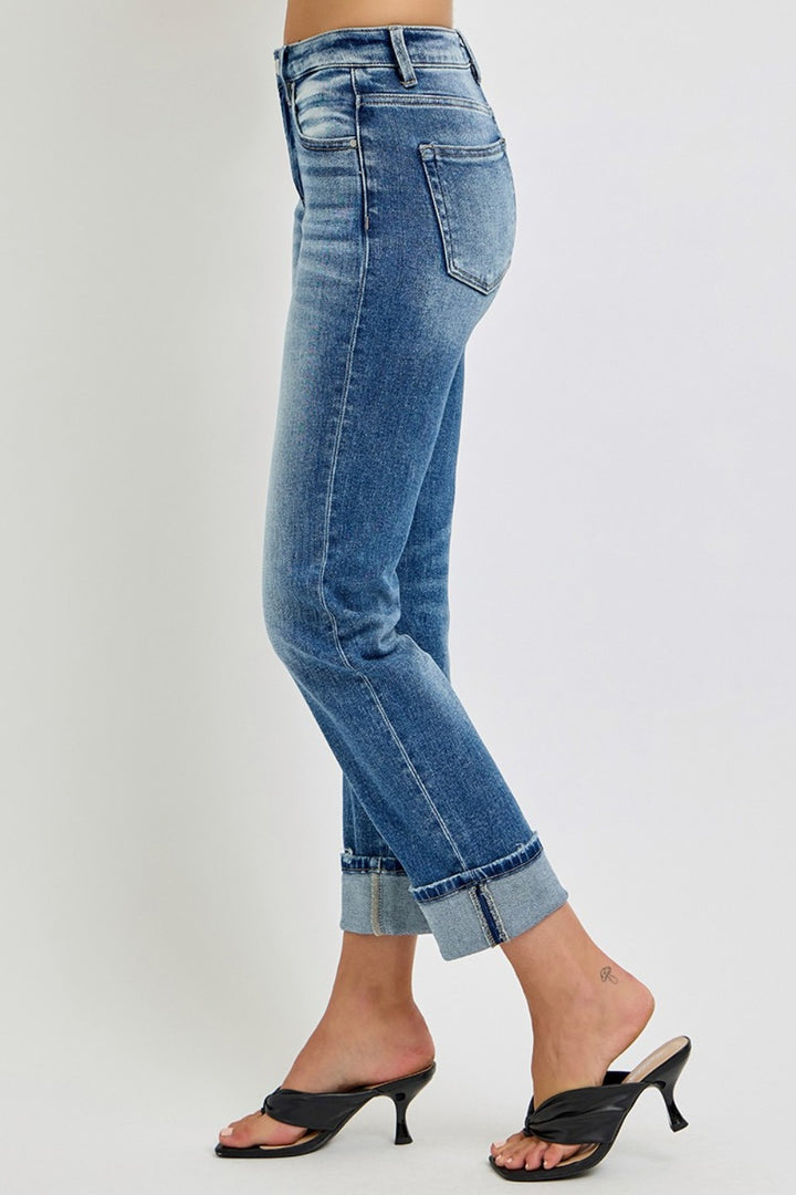 RISEN High Rise Crop Straight Roll Up Jeans