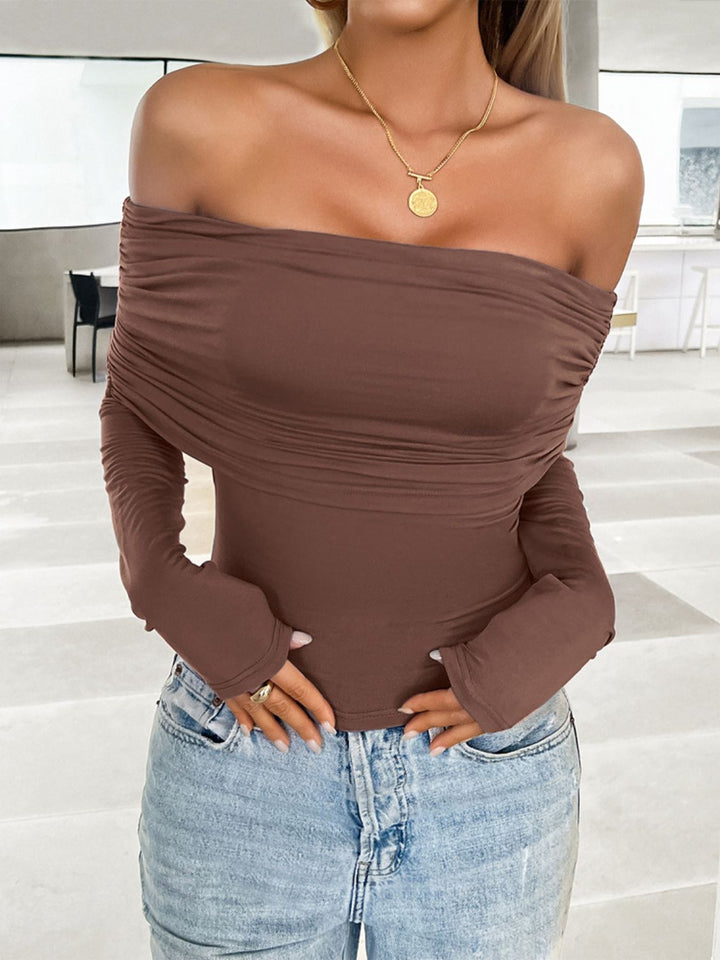 Ruched Off-Shoulder Long Sleeve T-Shirt