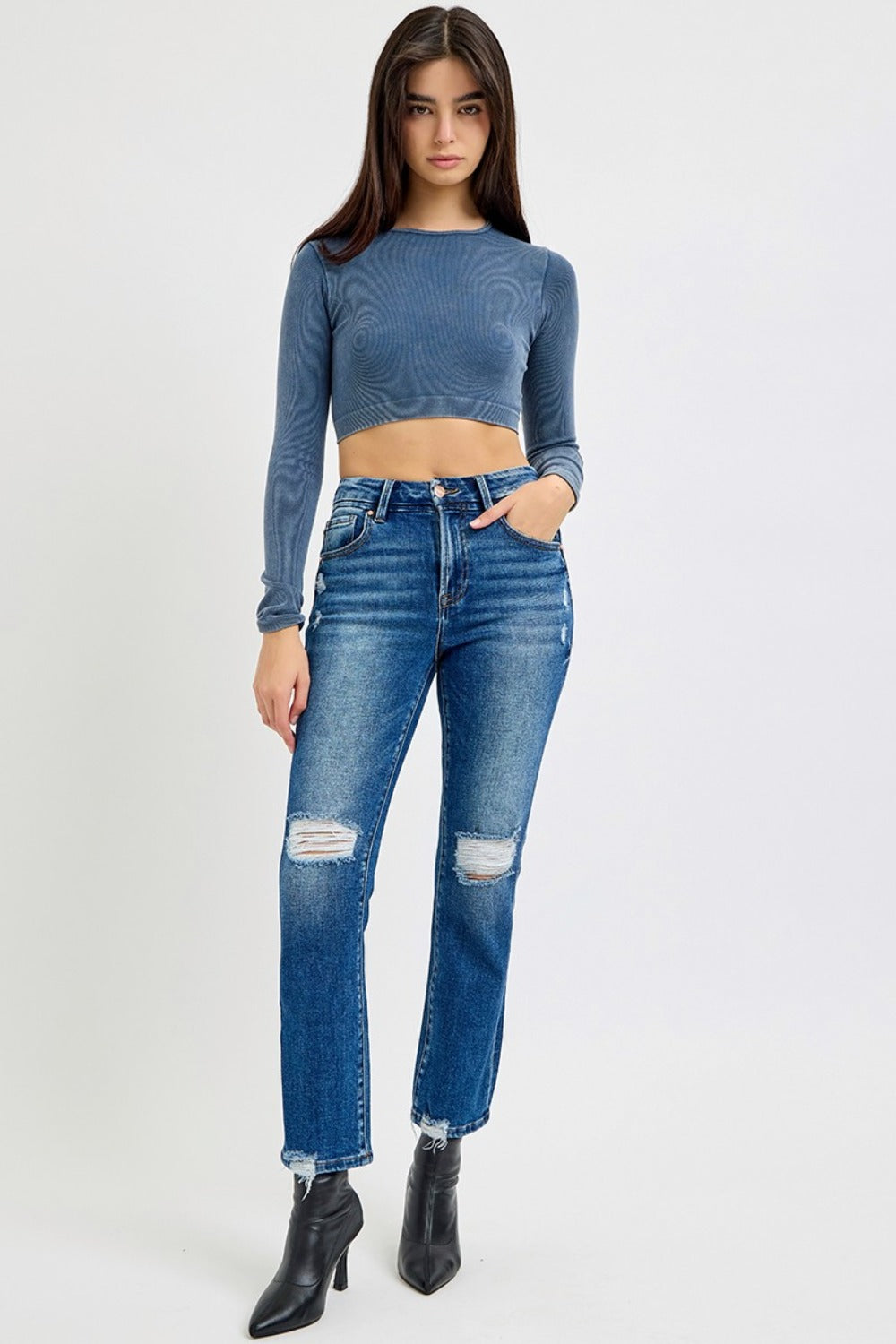 RISEN High Rise Distressed Crop Straight Jeans