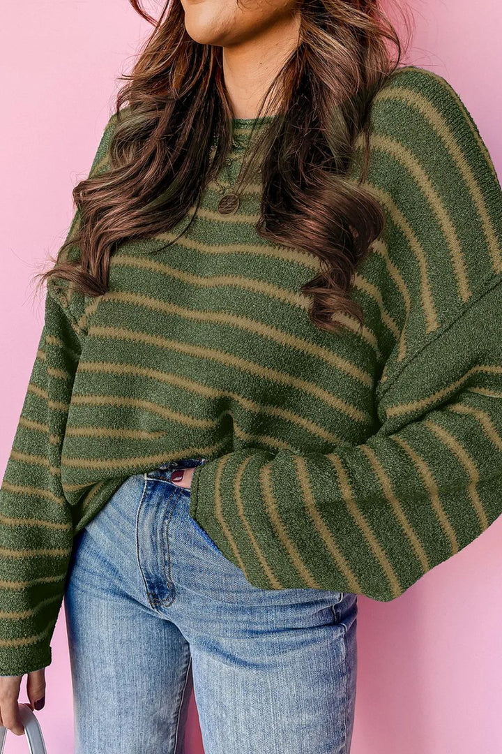 Striped Round Neck Dropped Shoulder Sweater