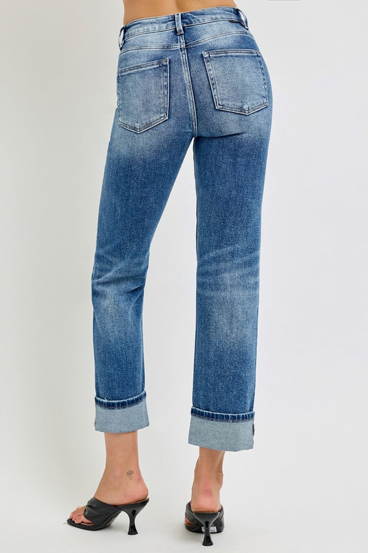 RISEN High Rise Crop Straight Roll Up Jeans