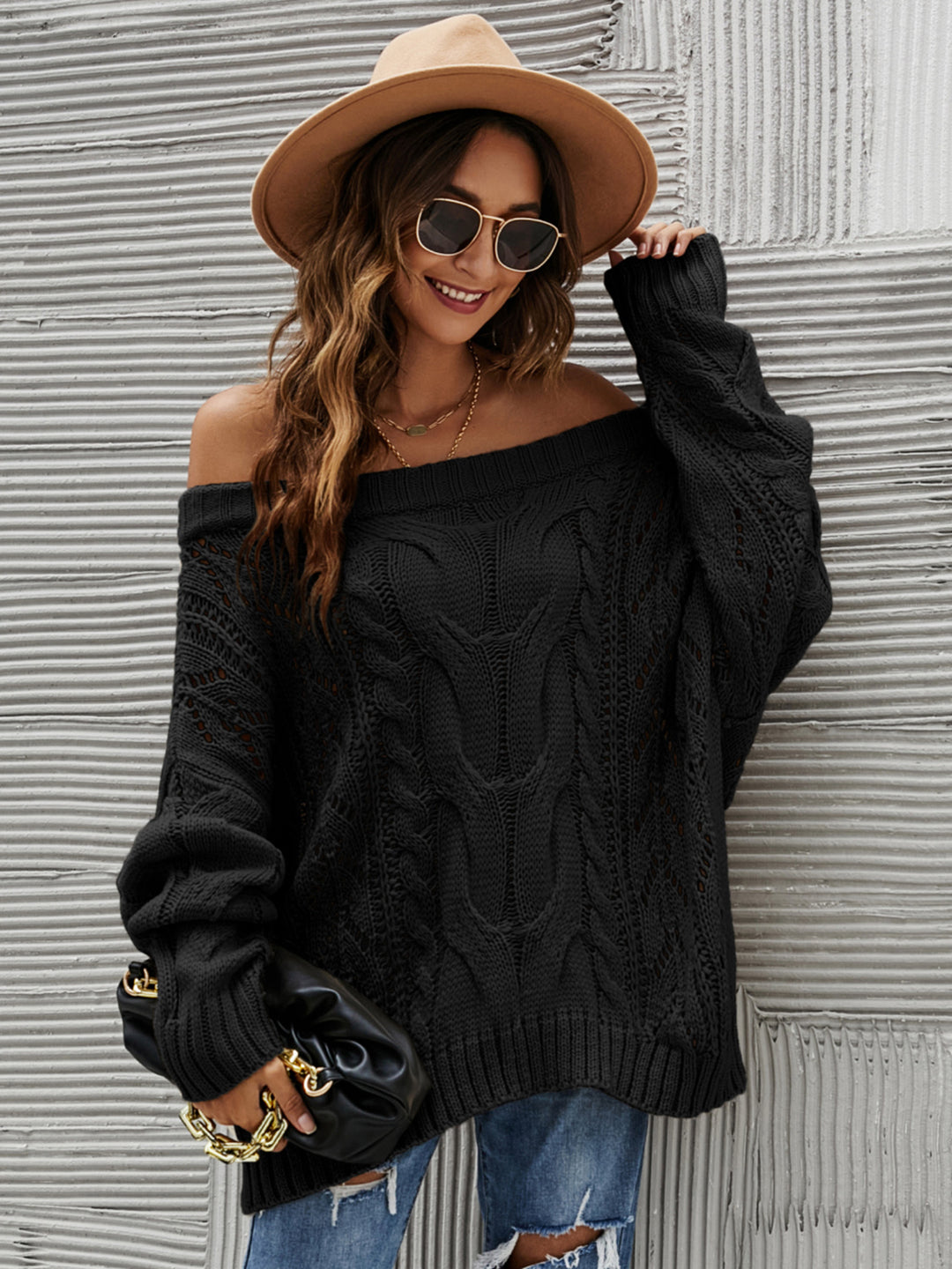 Cable Knit Openwork Off-Shoulder Sweater