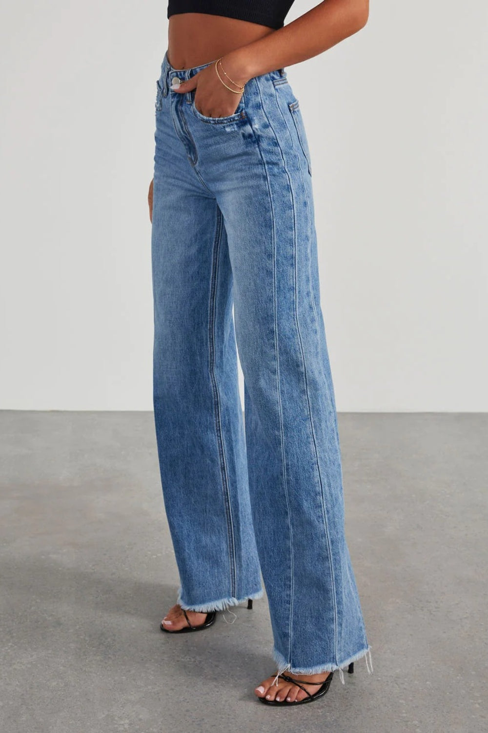 Raw Hem Wide Leg Jeans with Pockets