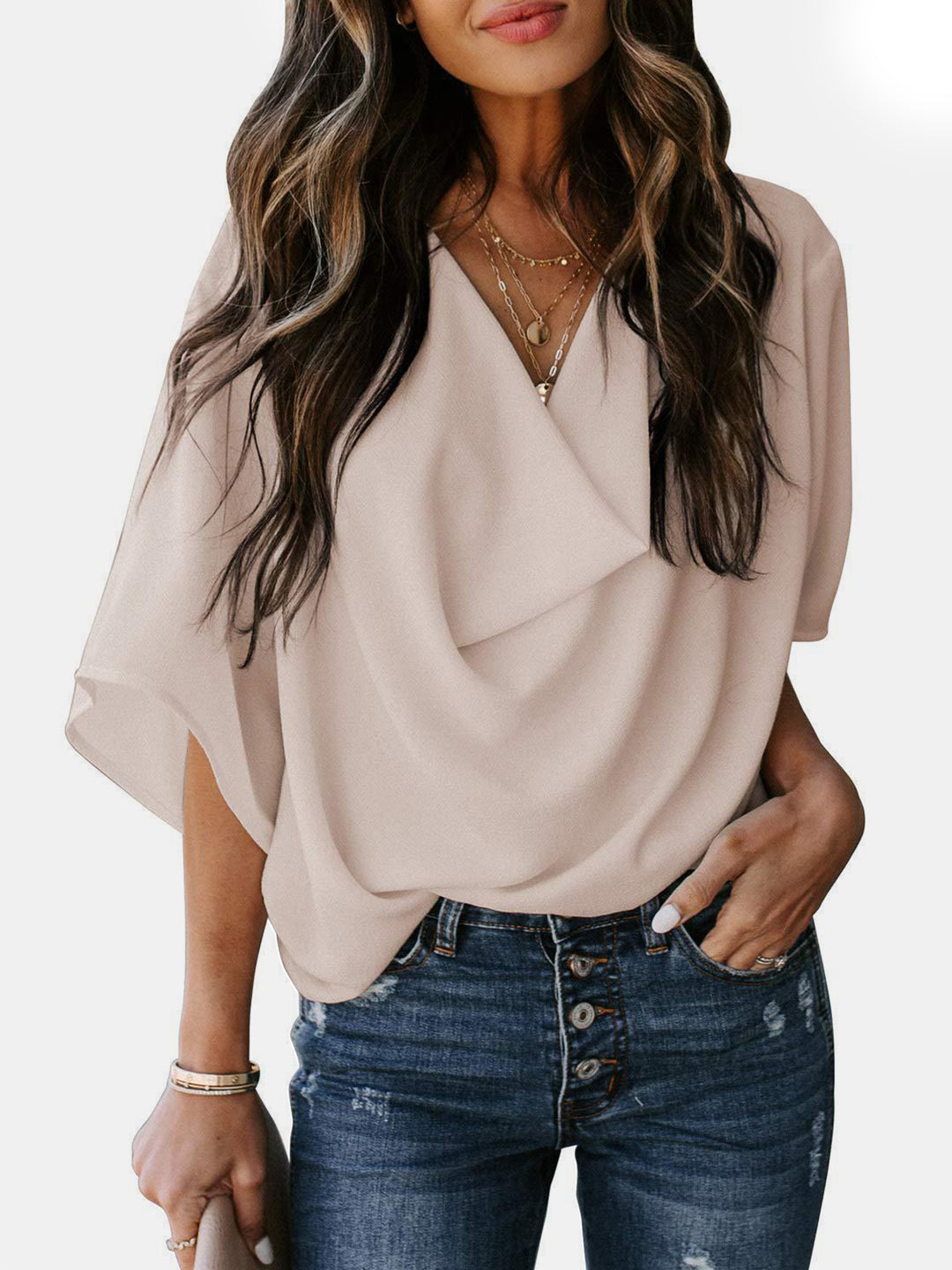 Cowl Neck Three-Quarter Sleeve Blouse