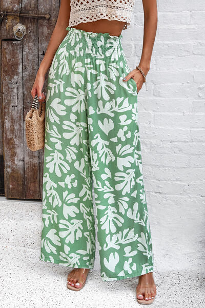 Smocked Printed Wide Leg Pants with Pockets