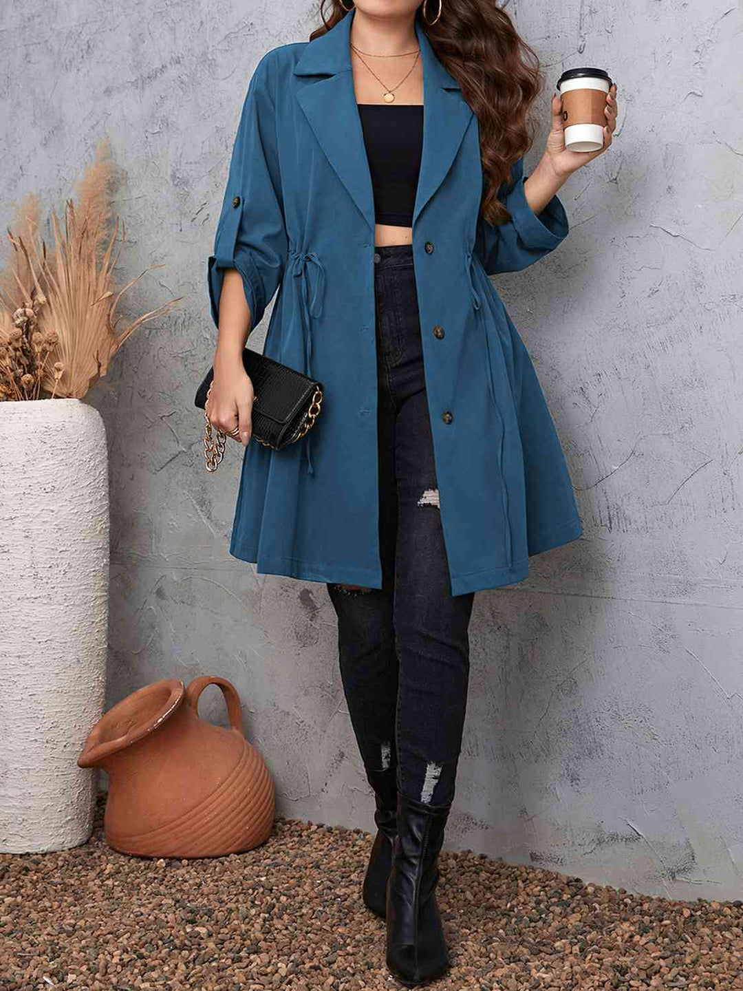 Lapel Collar Drawstring Roll-Tab Sleeve Trench Coat-Full Size