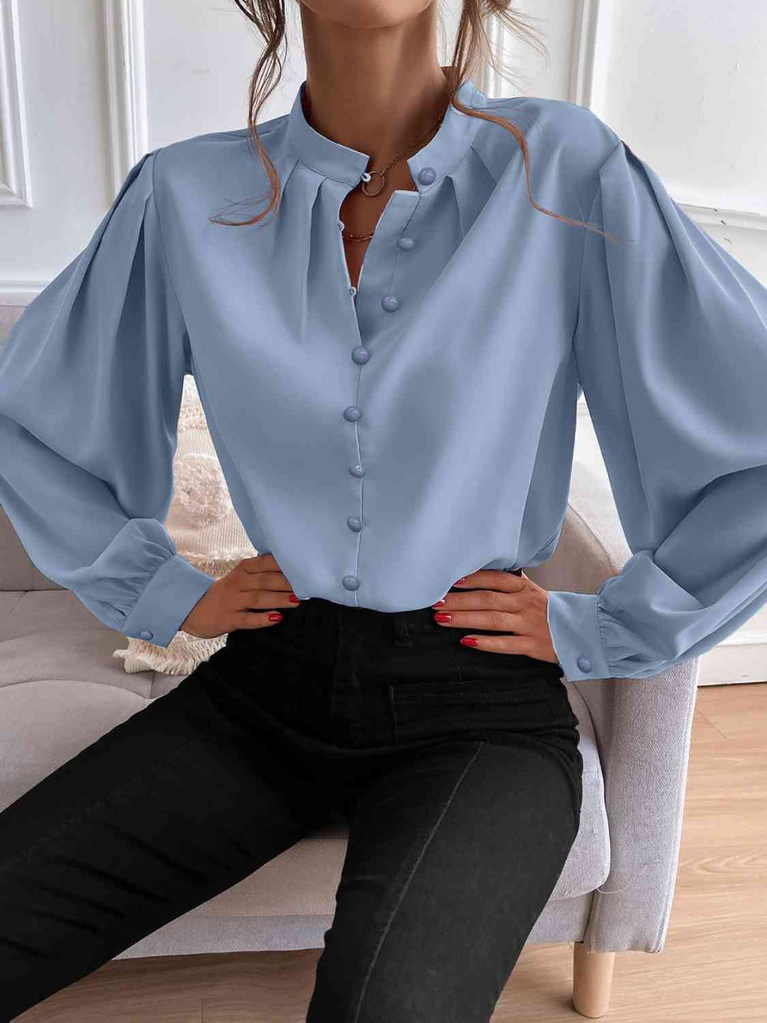 Mock Neck Button Front Blouse