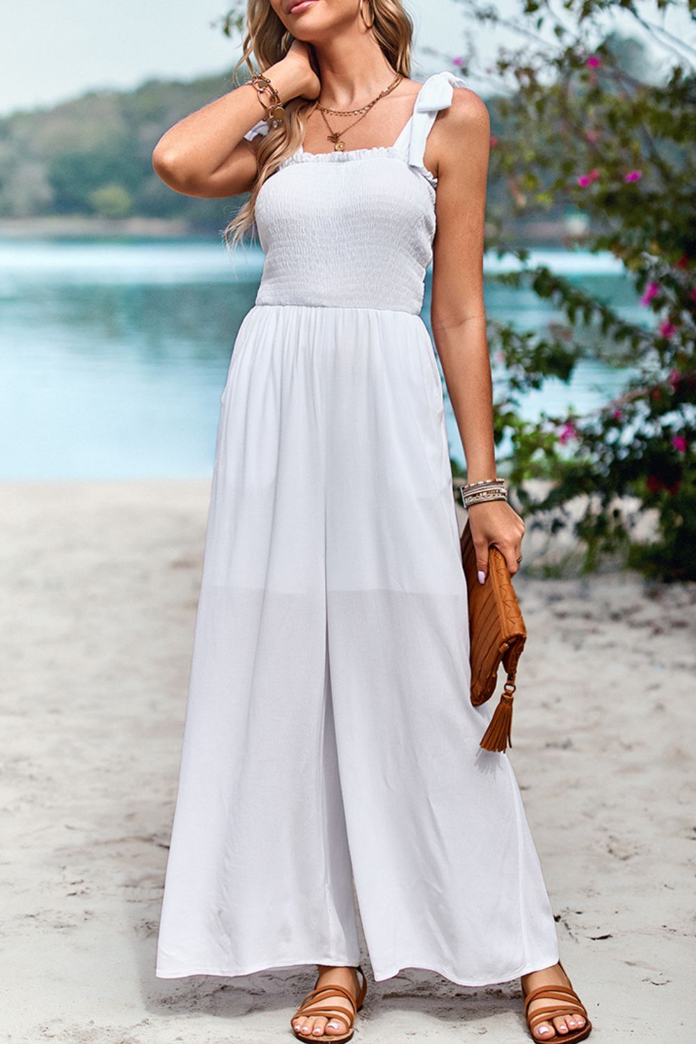 Frill Trim Tie Shoulder Wide Leg Jumpsuit with Pockets-White