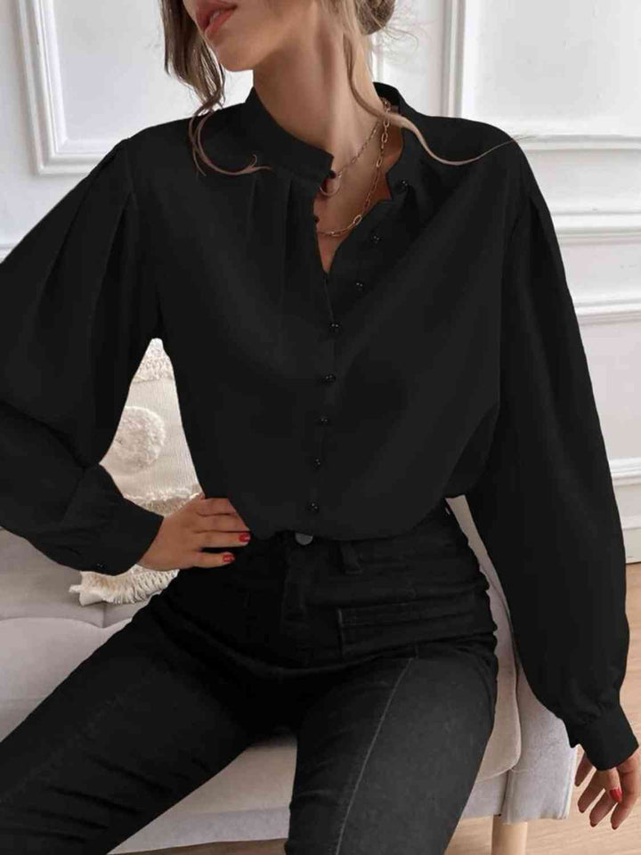 Mock Neck Button Front Blouse