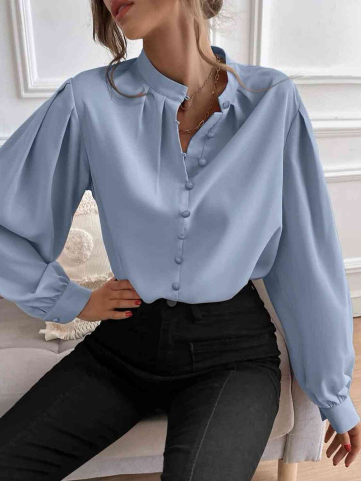 Mock Neck Button Front Blouse