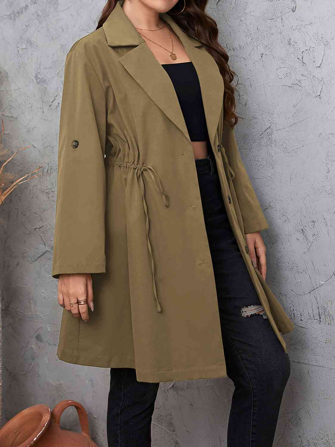 Lapel Collar Drawstring Roll-Tab Sleeve Trench Coat-Full Size