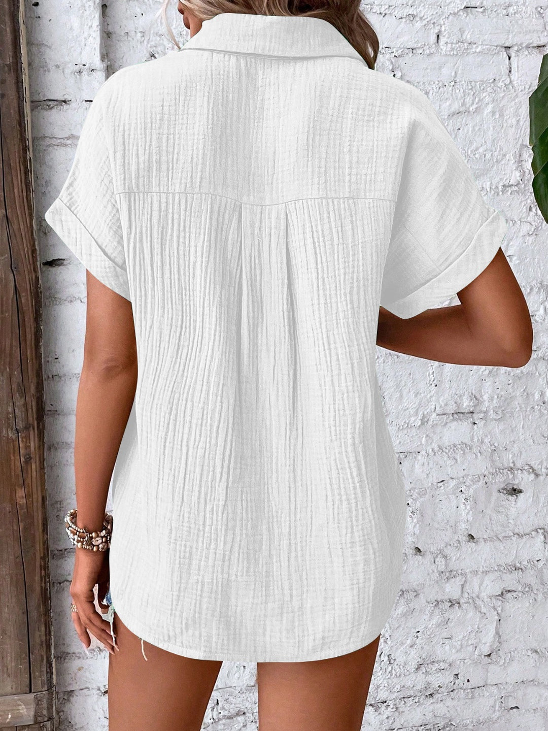 Textured Button Up Short Sleeve Blouse