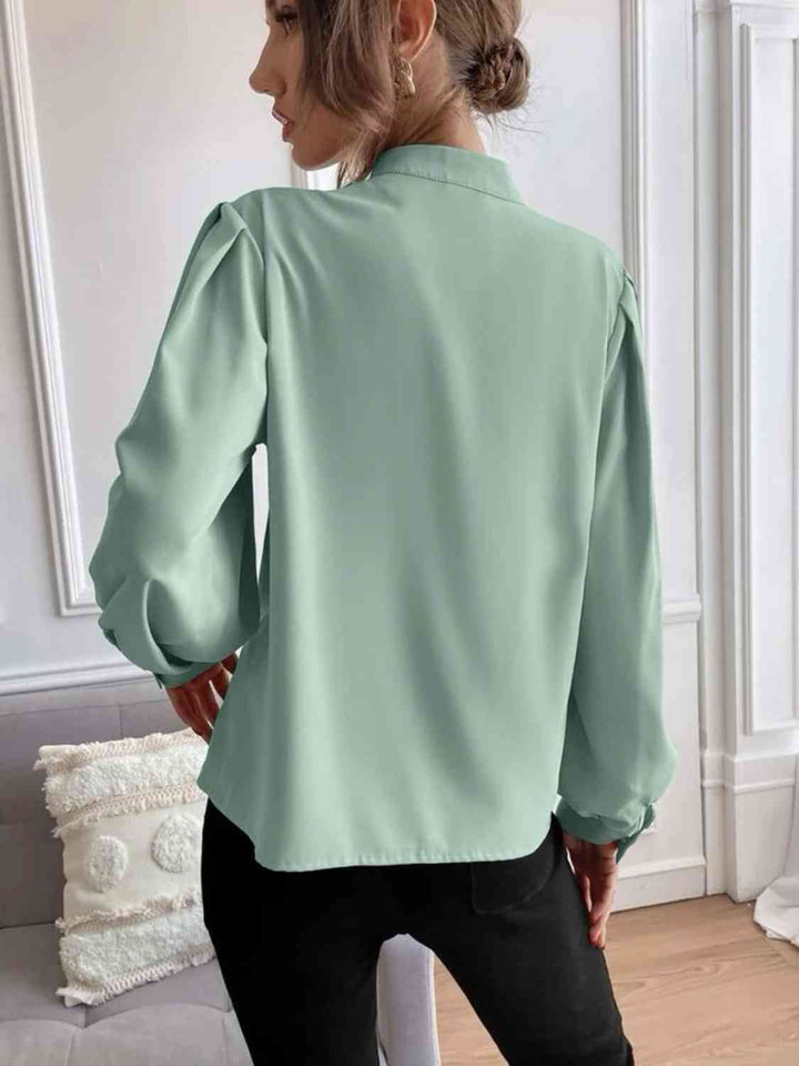 Mock Neck Button Front Blouse