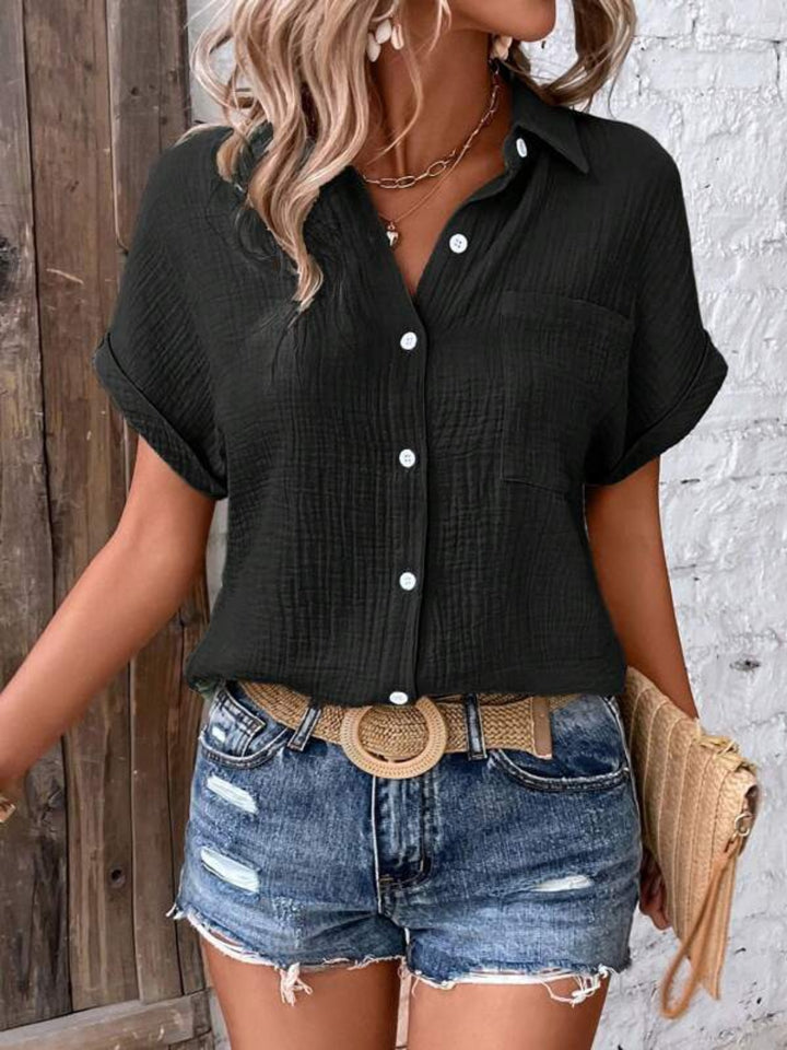 Textured Button Up Short Sleeve Blouse