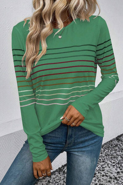 Striped Round Neck Long Sleeve Top