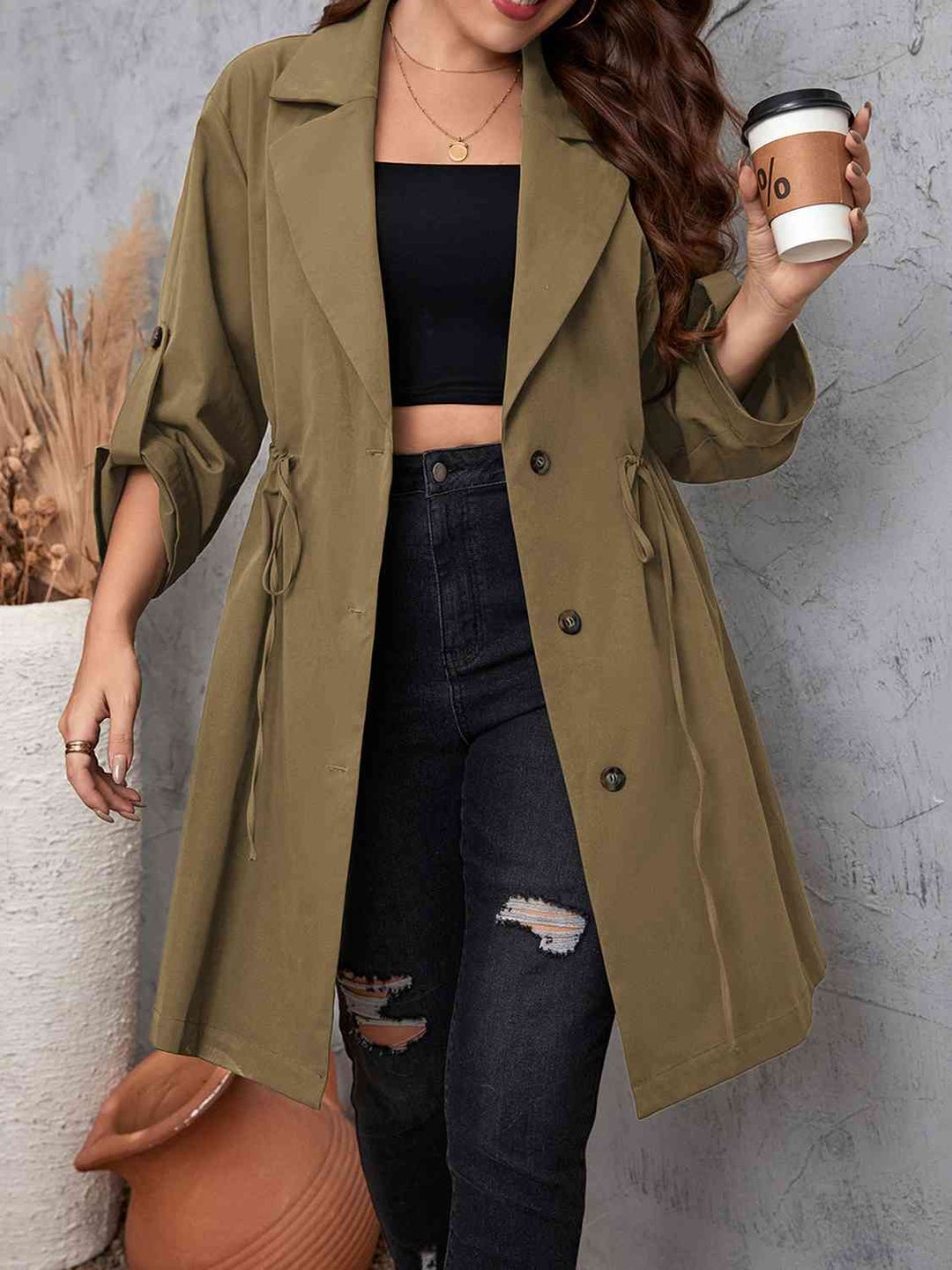 Lapel Collar Drawstring Roll-Tab Sleeve Trench Coat-Full Size