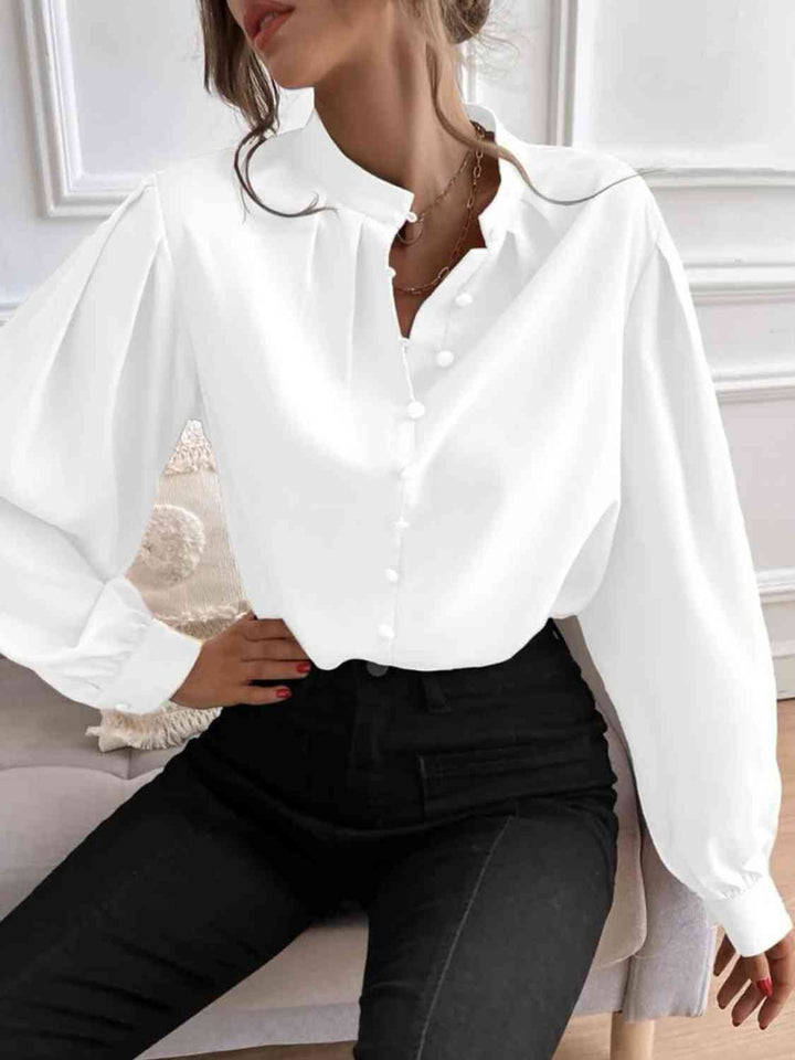 Mock Neck Button Front Blouse