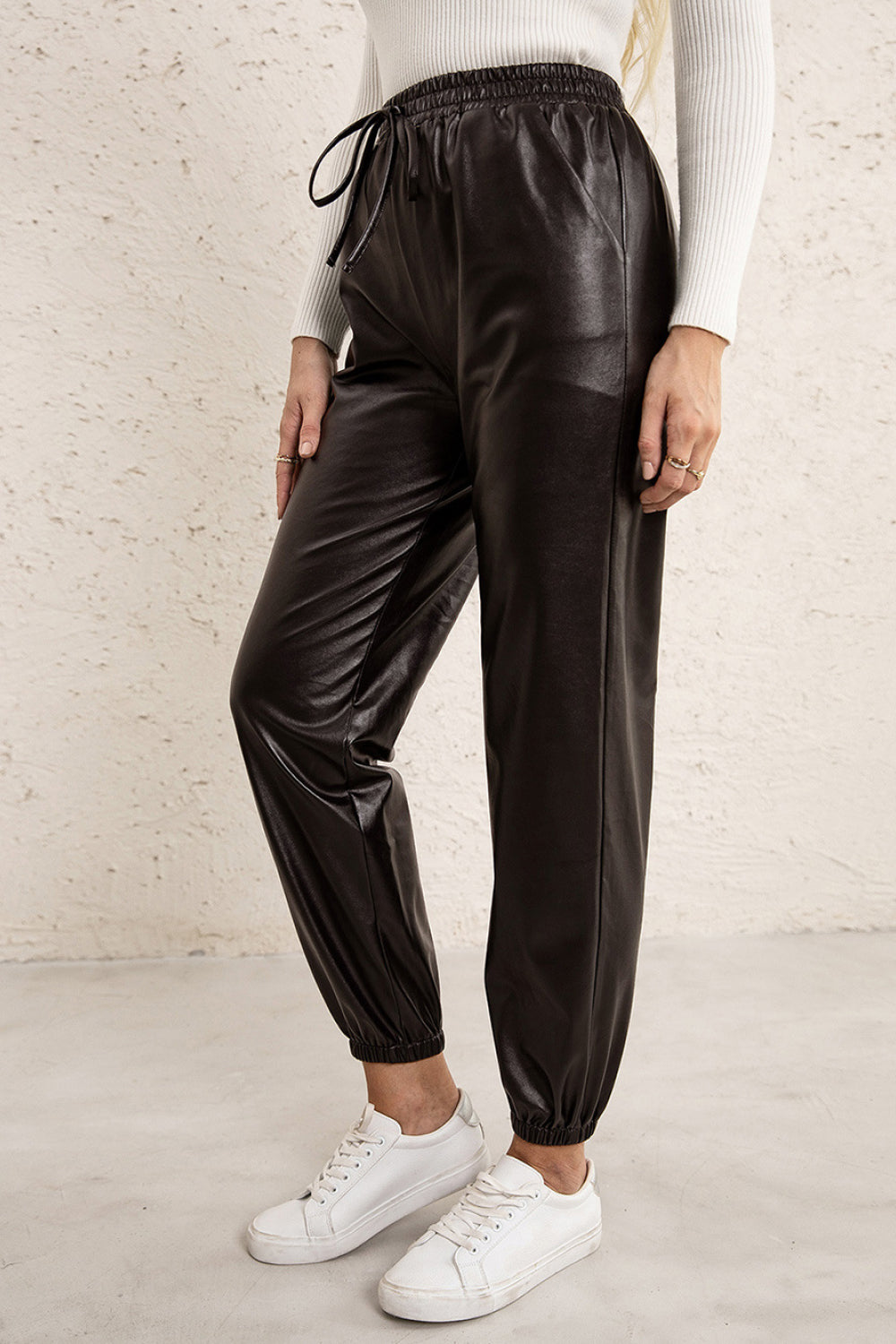 Elastic Waist PU Leather Joggers