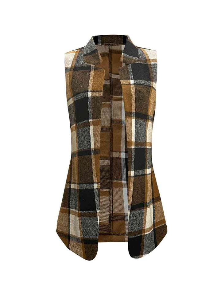 Plaid Open Front Collared Neck Vest