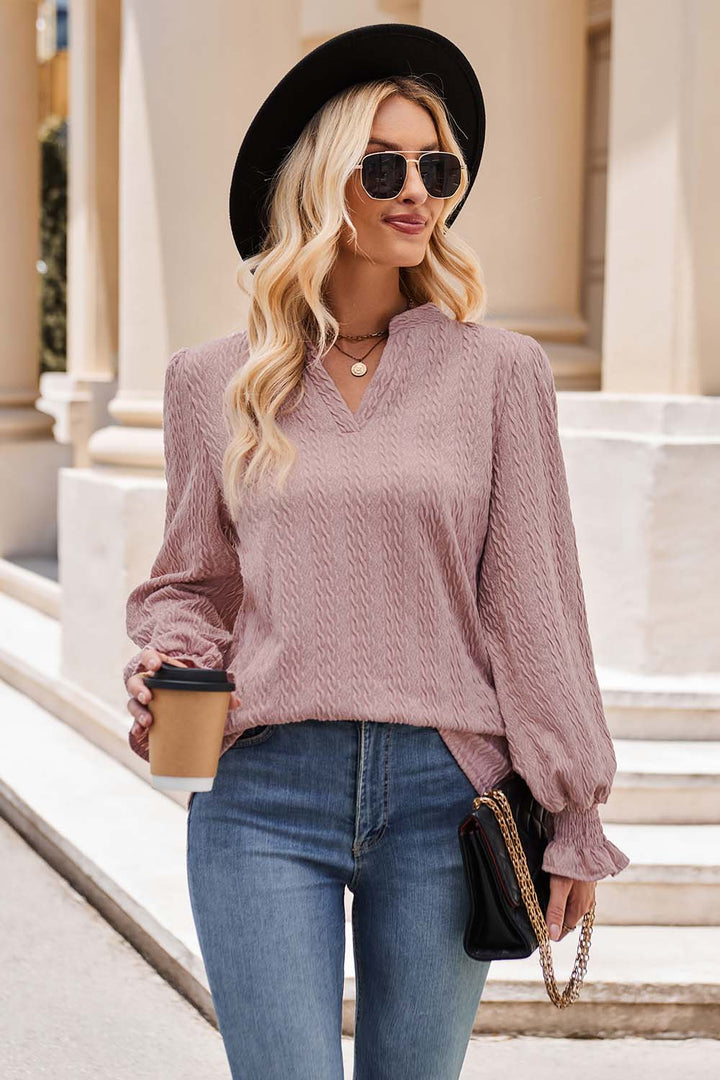 Notched Neck Flounce Sleeve Top