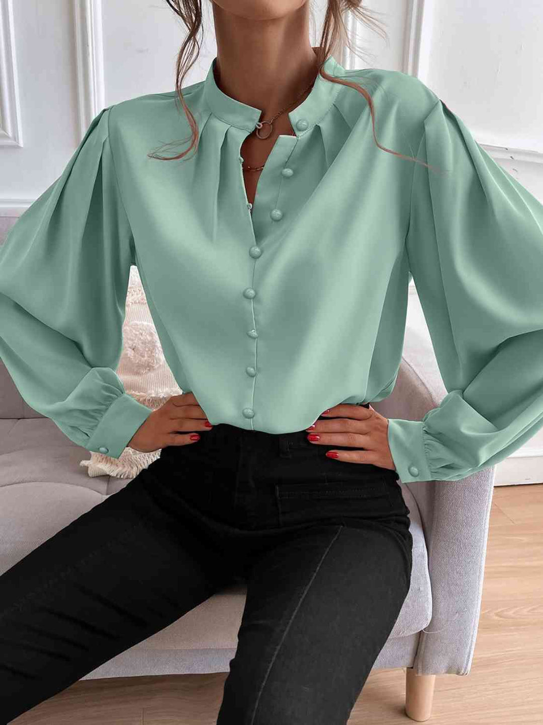 Mock Neck Button Front Blouse