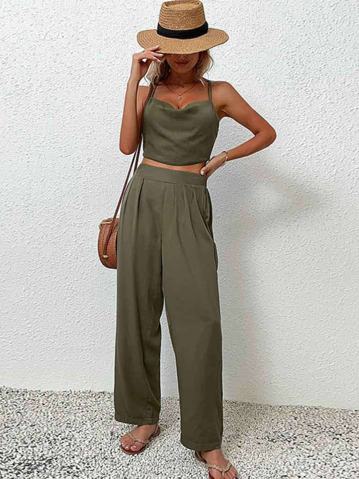 Crisscross Back Cropped Top and Pants Set-Army Green