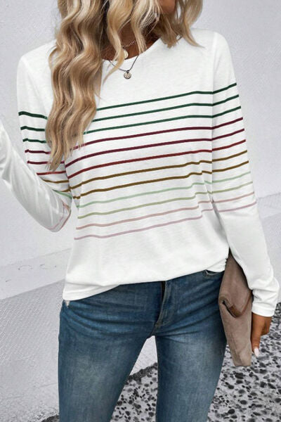 Striped Round Neck Long Sleeve Top