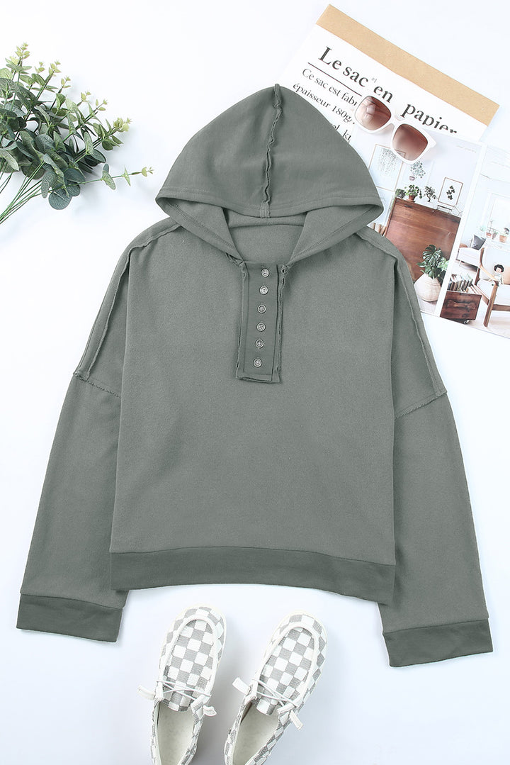 Quarter-Button Exposed Seam Dropped Shoulder Hoodie-Khaki