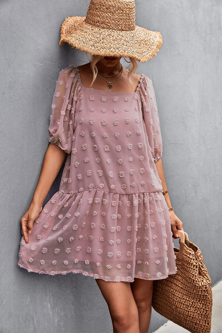 Swiss Dot Square Neck Half Balloon Sleeve Dress