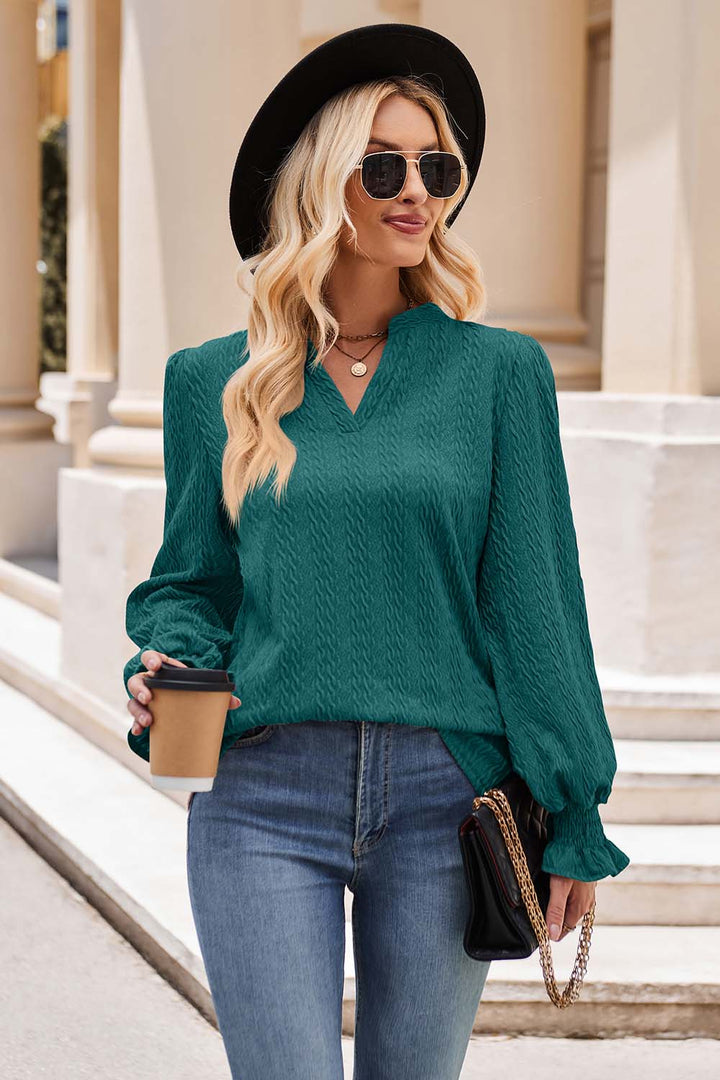 Notched Neck Flounce Sleeve Top