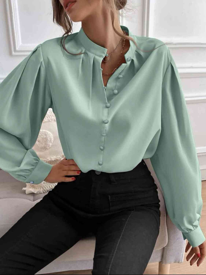 Mock Neck Button Front Blouse