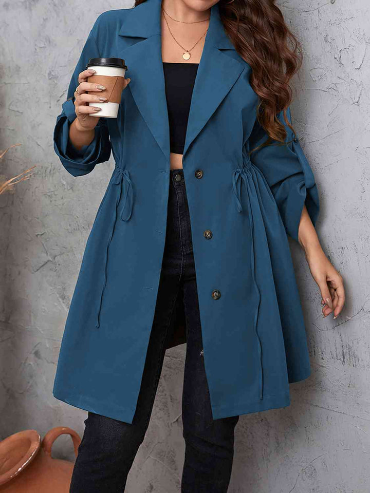 Lapel Collar Drawstring Roll-Tab Sleeve Trench Coat-Full Size