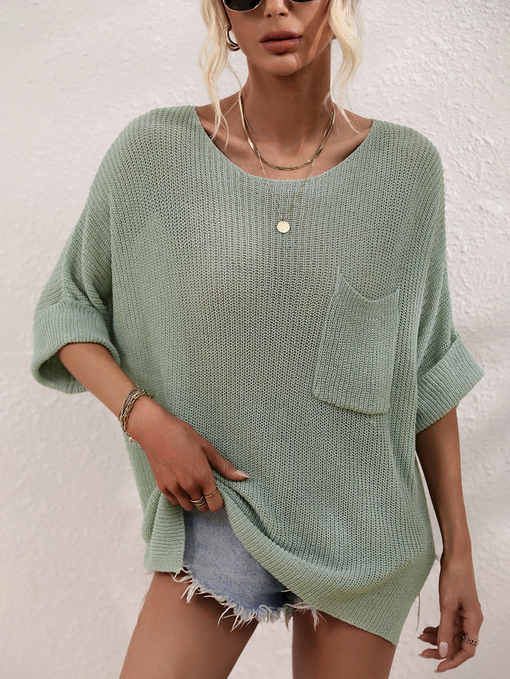 Boat Neck Cuffed Sleeve Slit Tunic Knit Top-Sage