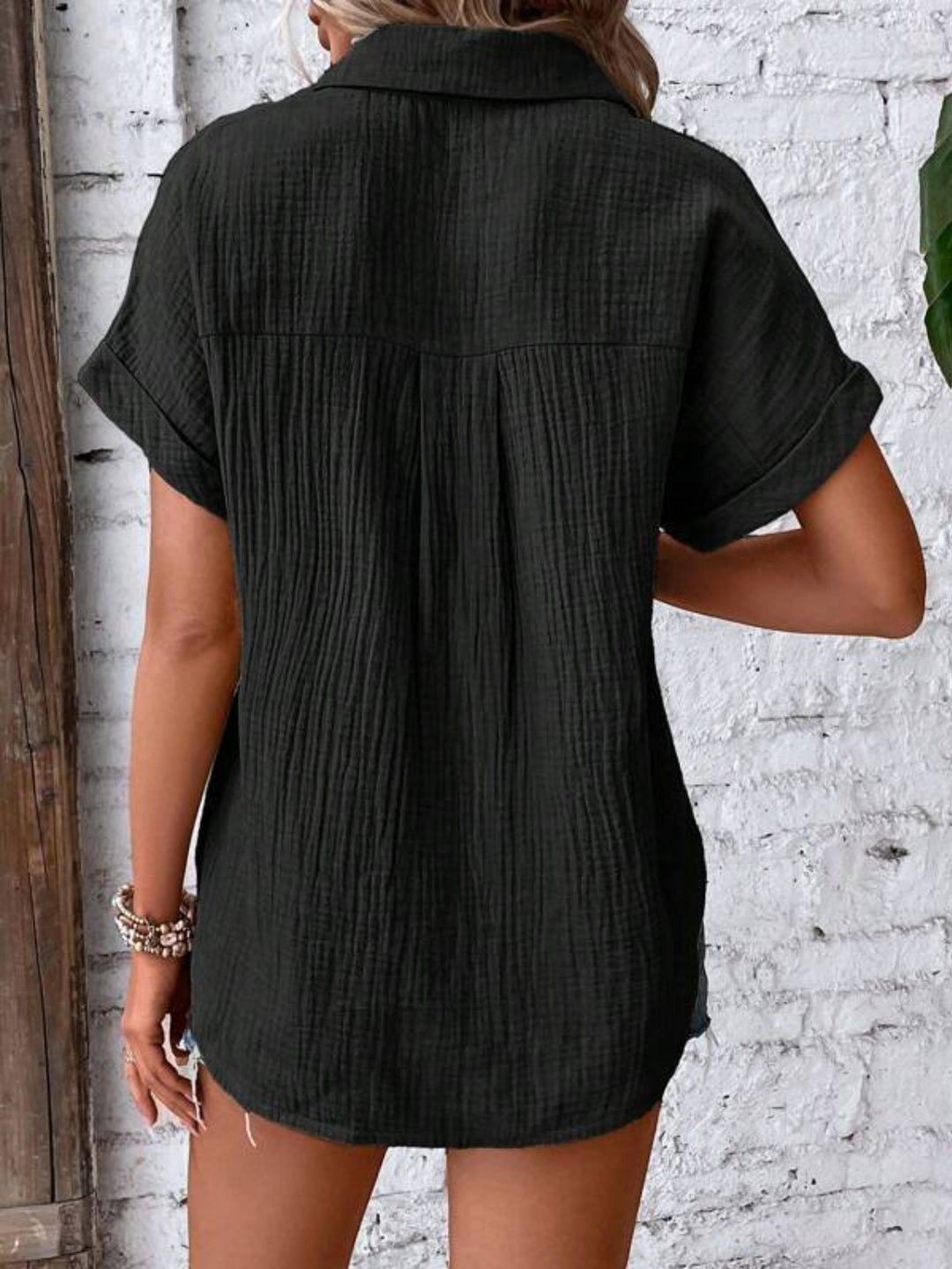 Textured Button Up Short Sleeve Blouse