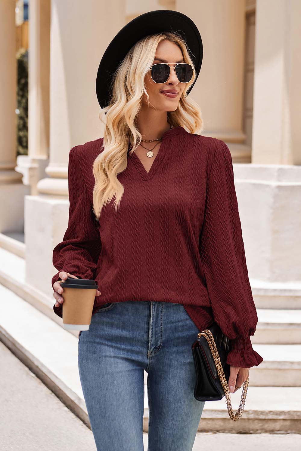 Notched Neck Flounce Sleeve Top