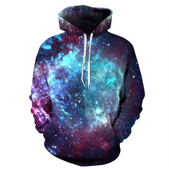 Space Printed Drawstring Hoodie with Pockets