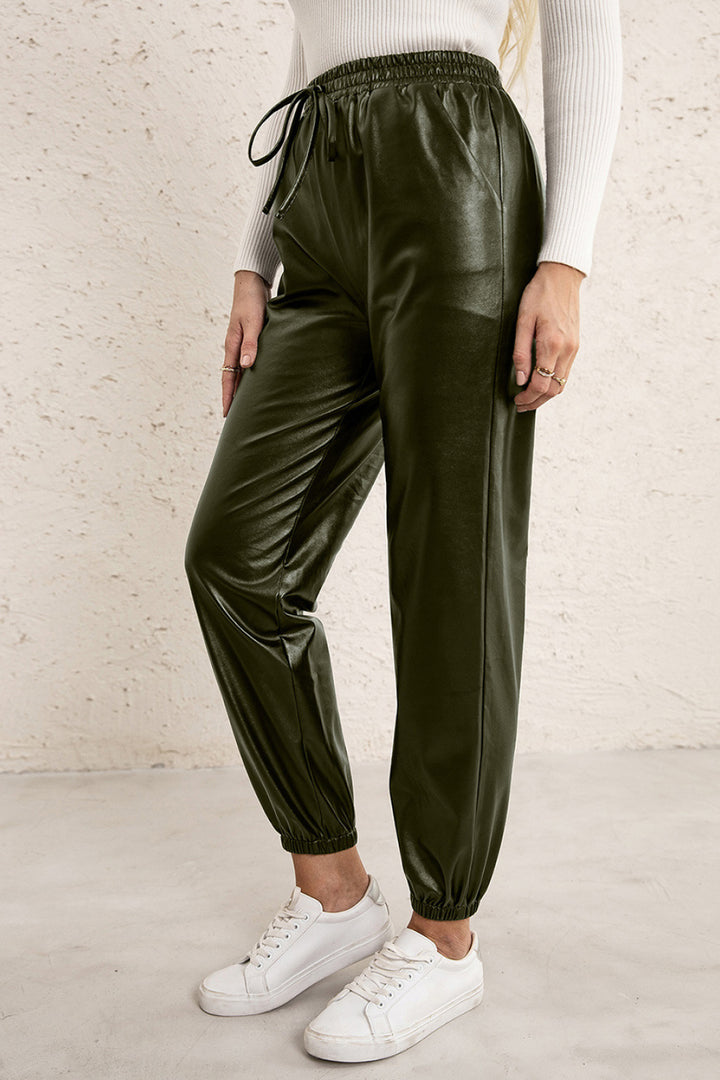 Black Elastic Waist PU Leather Joggers