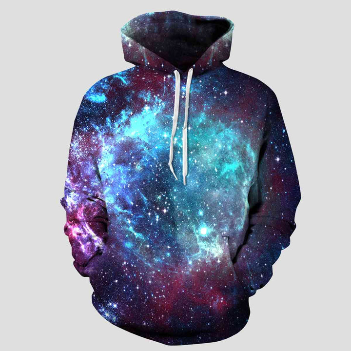 Space Printed Drawstring Hoodie with Pockets