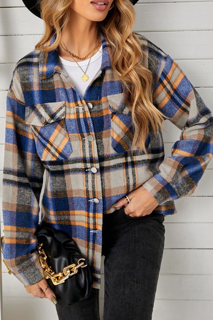 Plaid Pocketed Button Down Shacket-Blue/Orange