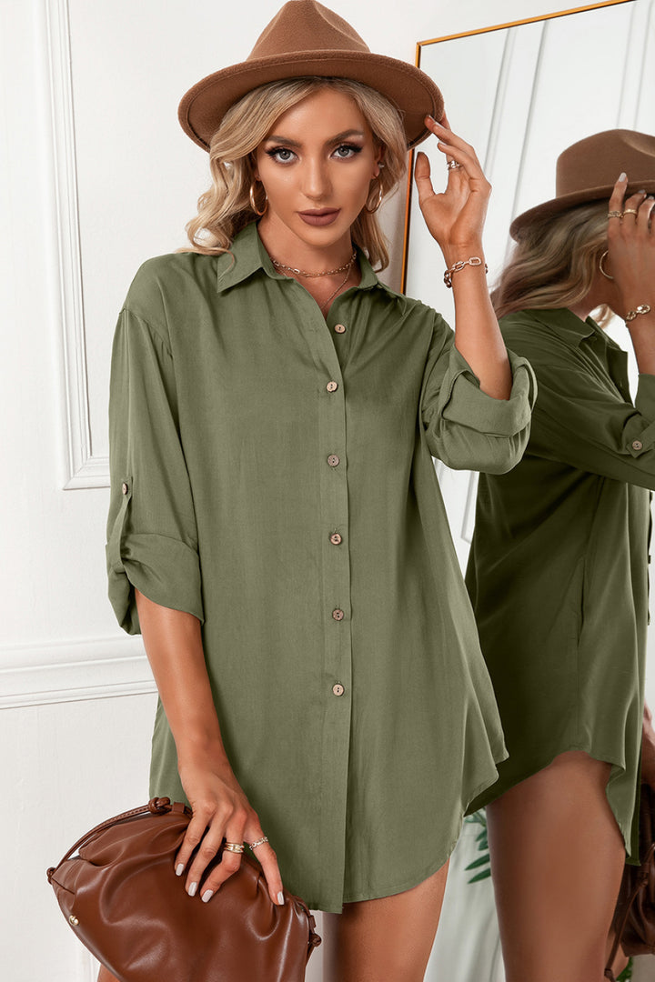 Solid Button Up Drop Shoulder Blouse