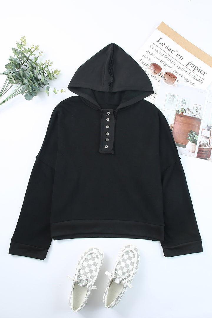 Quarter-Button Exposed Seam Dropped Shoulder Hoodie-Black